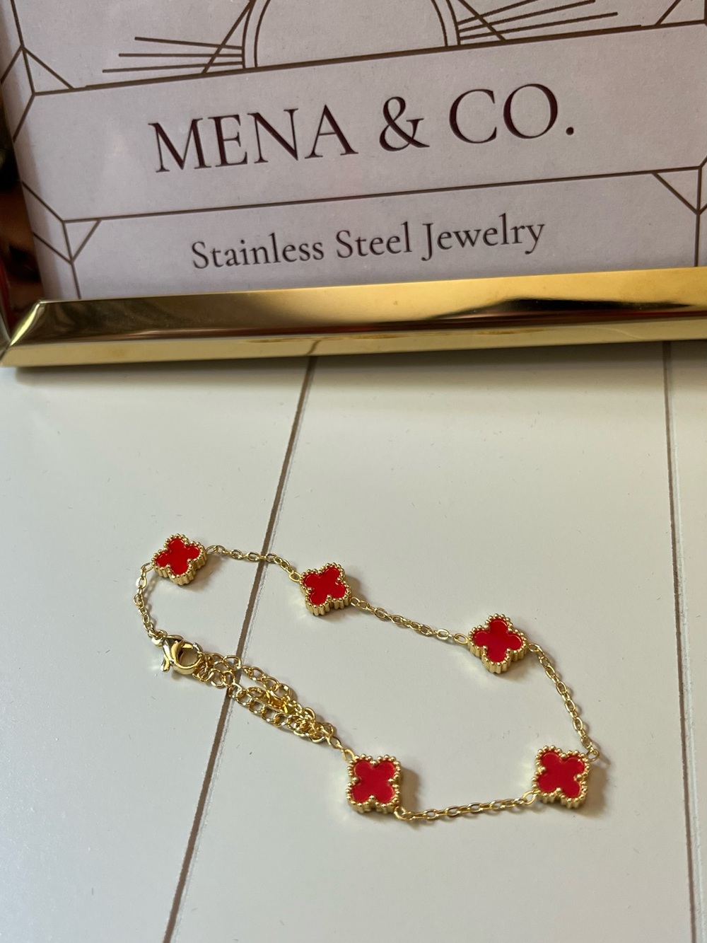 Gold-tone Stainless Steel Red Medium Clover Bracelet